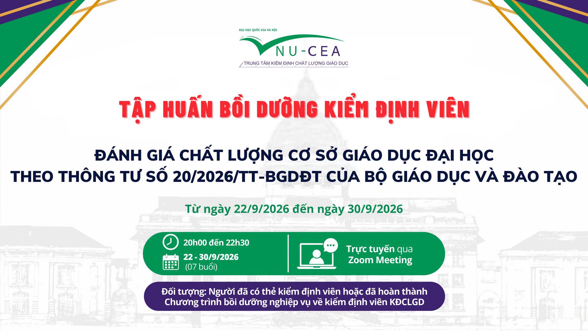 Thông báo về đợt tập huấn kiểm định viên đánh giá chất lượng cơ sở giáo dục đại học theo Thông tư số 20/2026/TT-BGDĐT